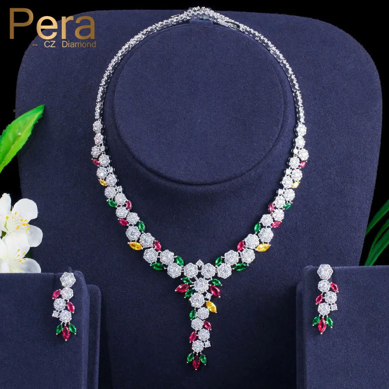 Pera Colorful Round Cubic Zircon Nigerian Long Flower Leaf Shape Women Necklaces Jewelry Sets for Engagement Banquet Party J310