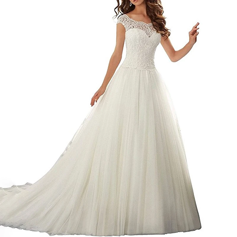 Vestidos de novia Vestidos de novia de tul encantadores para mujer Vestidos de novia con borde de encaje de princesa Vestido de fiesta con espalda en V blanca de tren largo