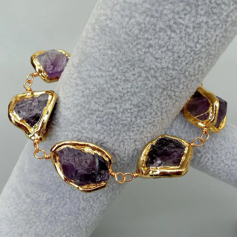 YYGEM Natural Purple Amethyst Rough Nugget With Electroplated Edge Wrap Bracelet 8\