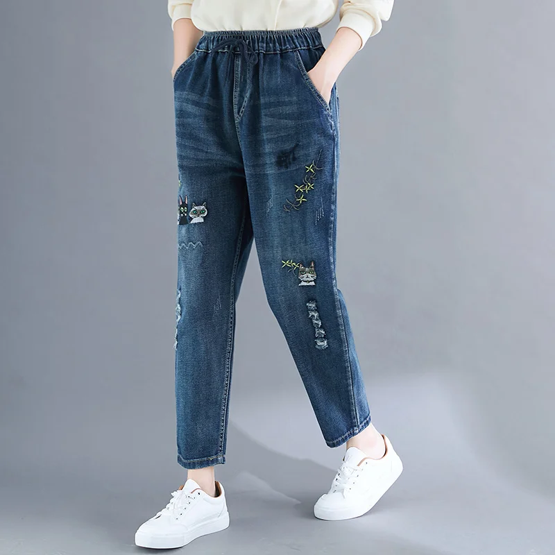 Mass Wasss Neue 2022 Frühling Damen Lose Vintage Elastische Design Jeans Europäischen Stil Blau Stickerei Denim Hosen Casual Hosen