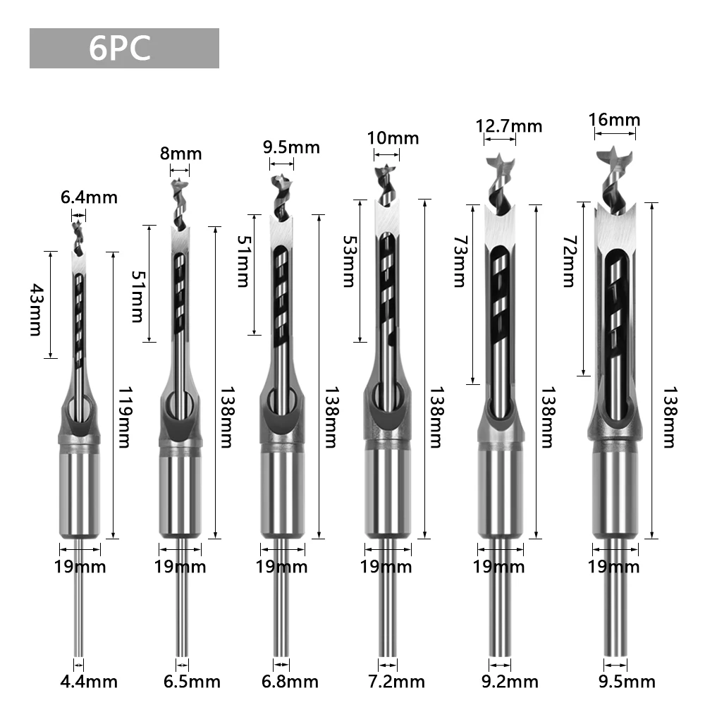 6PCS HSS Twist Drill Bits Square Auger Mortising Chisel Drill Set Square Hole Woodworking Drill Tools Kit Set Extended Saw