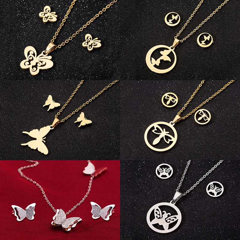 Luxury Stainless Steel Jewelry Sets Romantic Matte Butterfly Necklaces Earrings Animal Choker Wedding Bridal Accessories