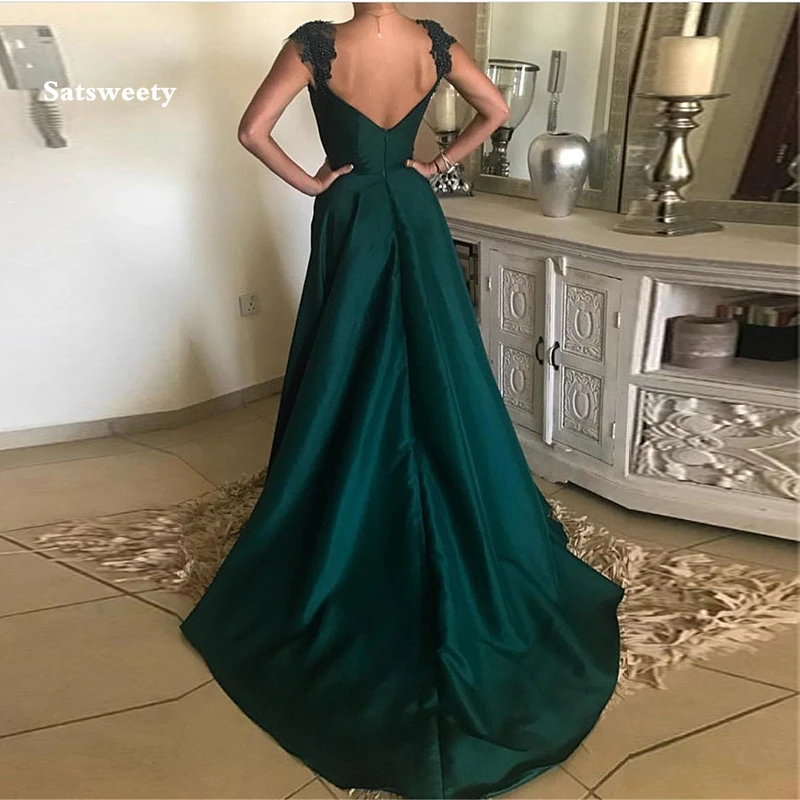 Neue Ankunft Dark Green Prom Kleid Appliques Perlen Satin EINE Linie Lange Formale Party Kleider Einfache Sweep Zug Abendkleider