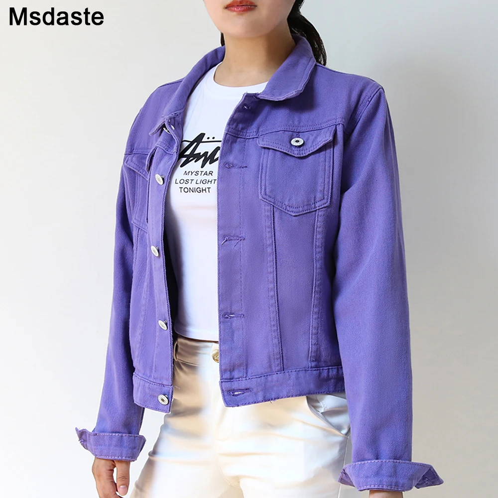 Áo Denim Cho Nữ Chaqueta Mujer "Casaco Jaqueta Feminina Mùa Xuân Mới Thu Tím Quần Short Áo Khoác Áo Khoác Áo Khoác Ngoài