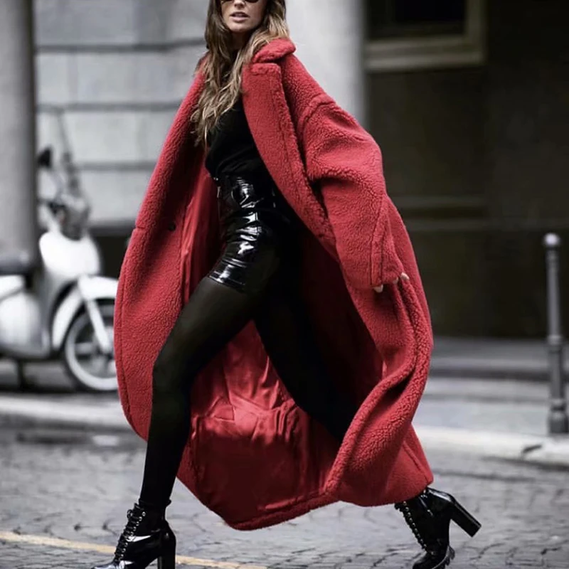 Red Women Oversize Teddy Coats 2020 Winter Fashion Ladies Warm Lambswool Jackets Female Loose Long Coat Girls Thick Outerwear