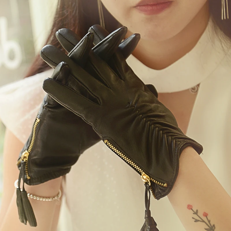 Genuine Leather Gloves Female Spring Autumn Zipper Tasse  Lady's Driving Sheepskin Thin Silky Nylon Lined Women Gloves BN87018