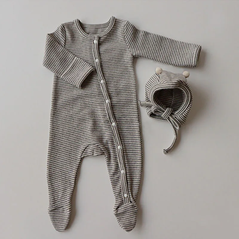 Korean Style Newborn Baby Girl Boys Cotton Long Sleeve Stripe Socks Jumpsuit Baby Girl Boys Bodysuits Spring Autumn Baby Clothes