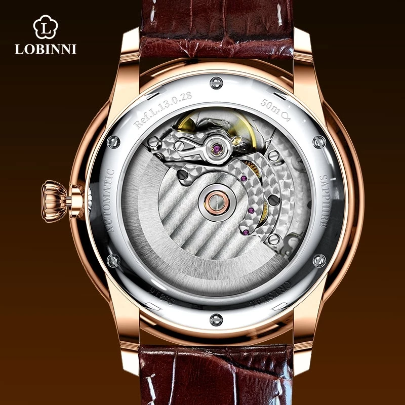 LOBINNI Herren-Automatikuhren, luxuriöse Herrenuhr, wasserdicht, mechanische Armbanduhren, Saphir ST2130, Lederarmband, einfaches Zifferblatt