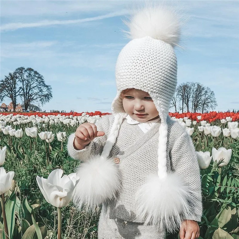 Knitted Baby Hat with Three Real Fur Pompom Children Beanie Boy Girl Natural Raccoon Fur Ball Kids Cap Cute Real Fur Pom Pom Hat