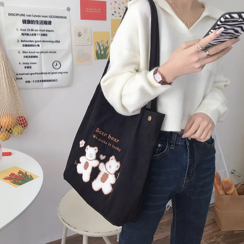 Canvas Handbag with Cute Bears Shopper Bags for Women Large Capacity Bag Solid Color Shoulder Bag