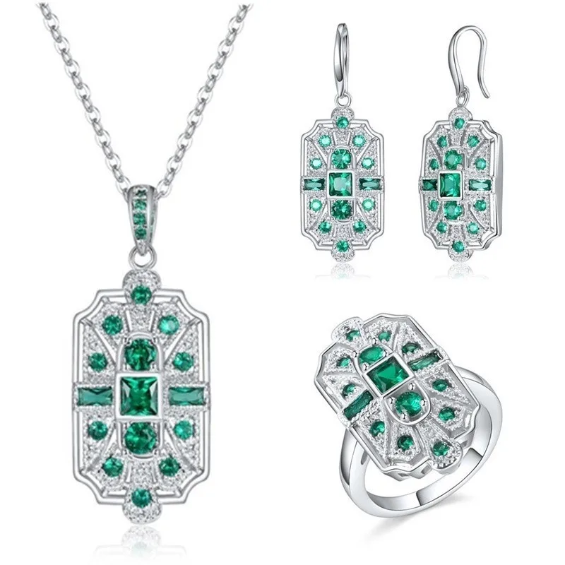 Woman Fashion Art Style Blue Stone Crystal Necklace Earrings Ring Jewelry Sets Bridal Engagement Wedding Gifts