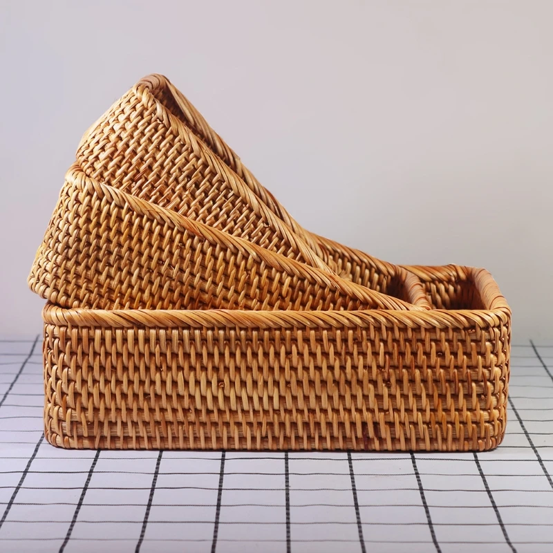 Rectangular Hand-woven Basket Rattan Candy Storage Tray Bread Dish Multipurpose Storage Dustpan wholesales