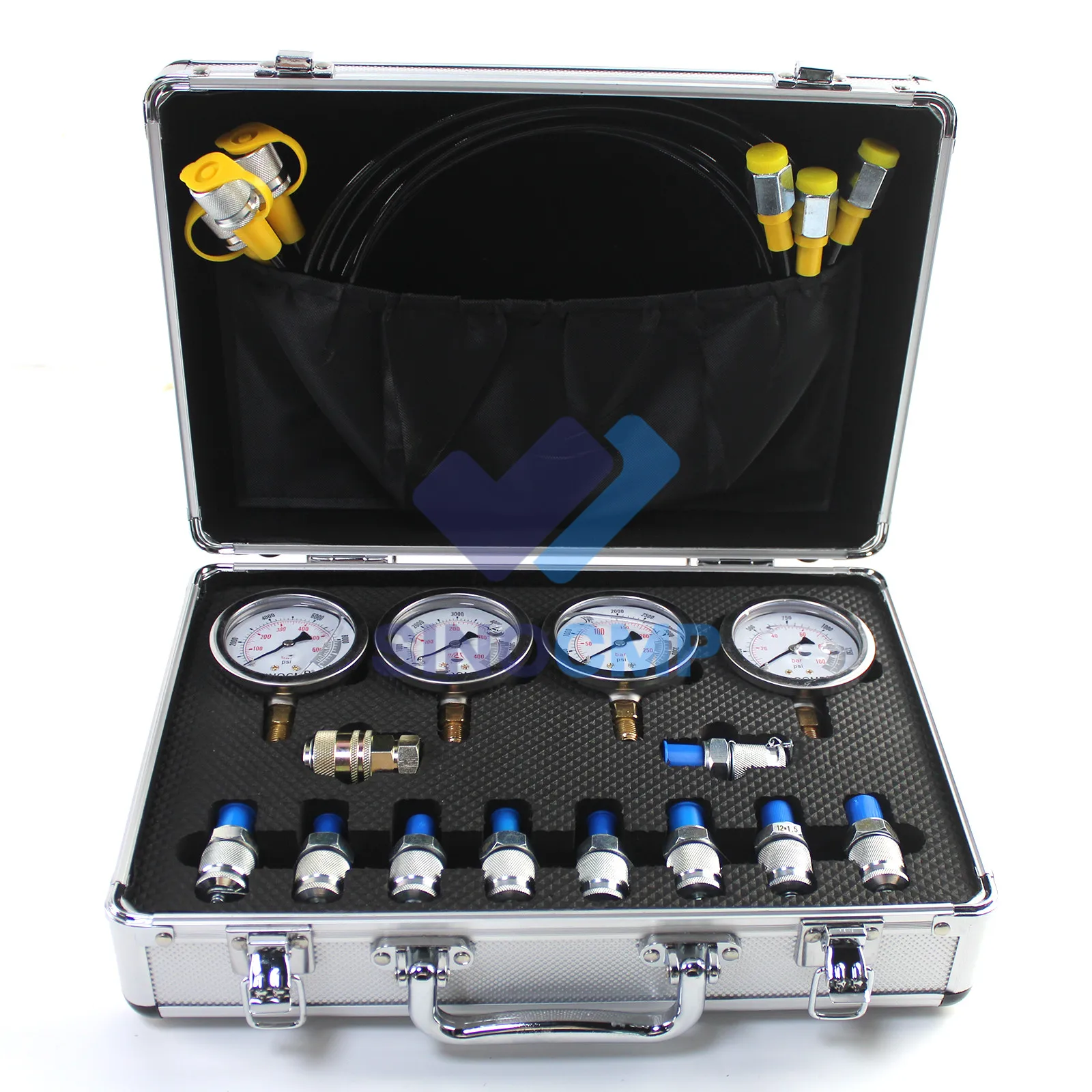 

SINOCMP Hydraulic Test Gauge Kit with 10/25/40/60 Mpa Gauges Hydraulic Pressure Test Kit with Silver Aluminum Alloy Pressure