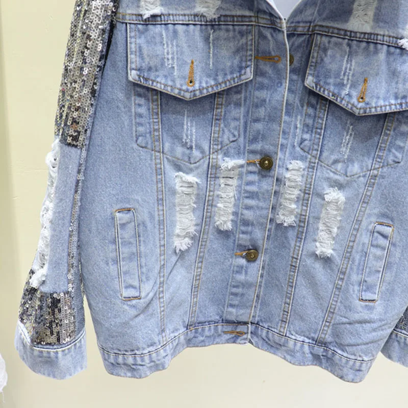 Korean Sequins Washed Blue Hole Denim Coat Women Loose Vintage Casual Casual Jean Jacket Long Sleeve Female Spring Basic Coat