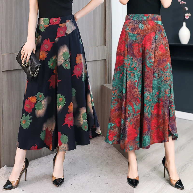 

Women Summer Plus Size 4XL Cotton Pants Print Wide Leg Pants Women Elastic Waist Skirt Pants Loose Wide Leg Trousers