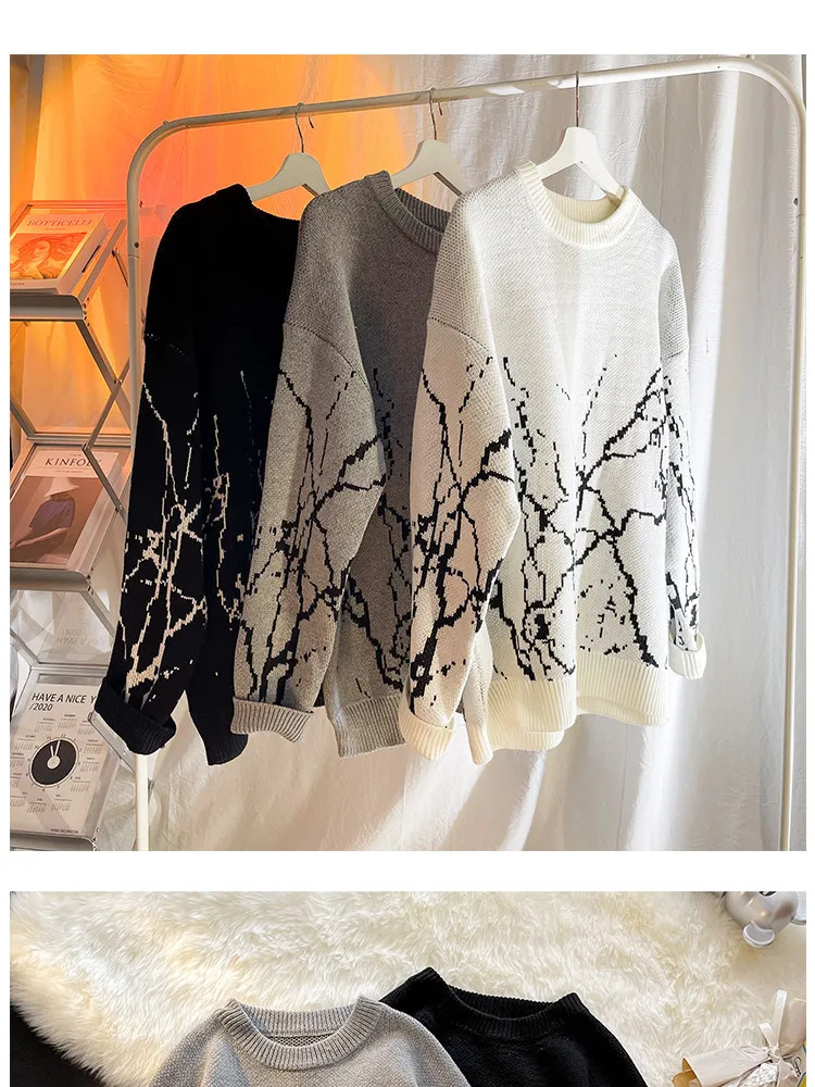 Men O-Neck Sweaters  Autumn Vintage Harajuku Oversized Fashion Pullover Male Streetwear Gothic Print Black White Sweater