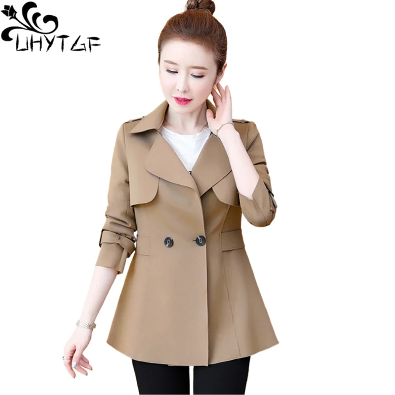 UHYTGF New Fashion Spring Autumn Coat Women's Double-Breasted Lapel Elegant Female Short Jacket Pure Color Wild Thin Tops 1976