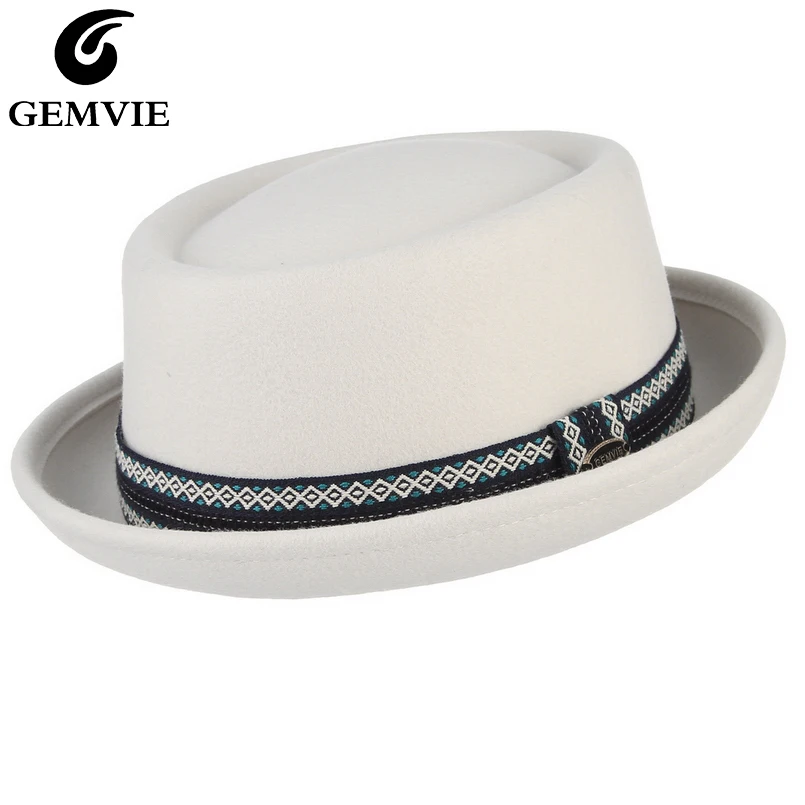 GEMVIE 100% Wool Felt Crushable Men Women White Porkpie Hat Curved Brim Pork Pie Wool Hat Unisex Autumn Winter Fedora