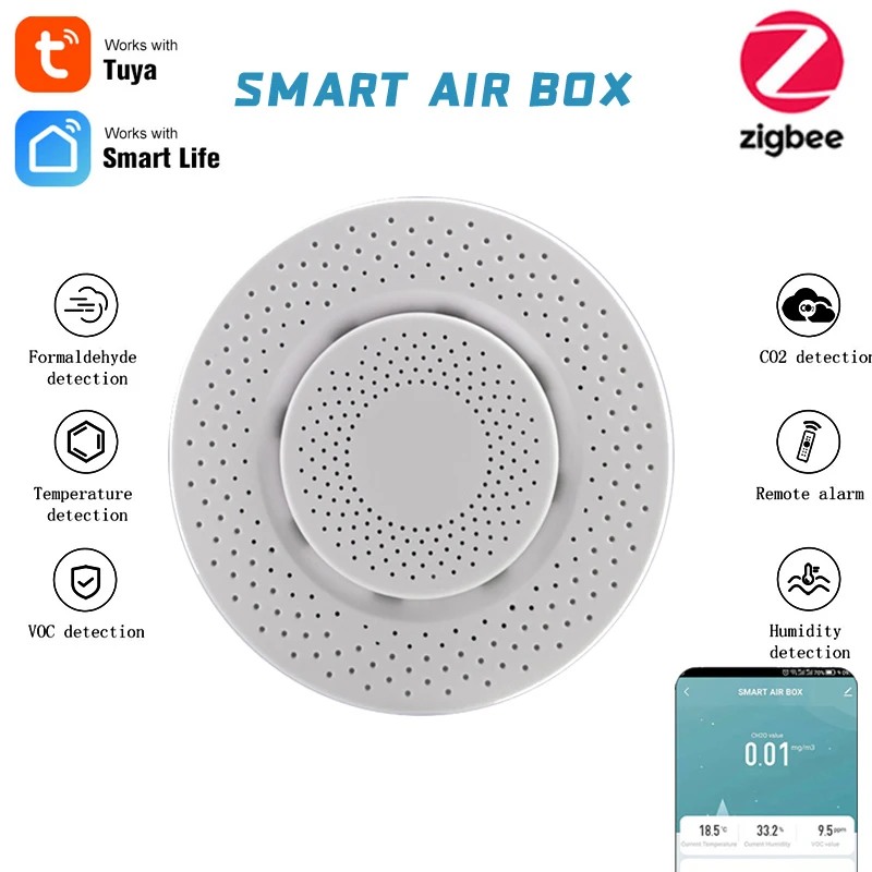 Tuya Zigbee Smart Air Box Air Quality Monitor CO2 VOC Gas Detector Sensor Automation Alarm Household Temperatur Humidity Sensor