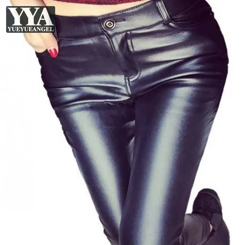 

Autumn High Waist Women Pu Leather Pants Slim Fit Button Fleece Lining Ladys Trousers Calca Feminina Pantalones Mujer