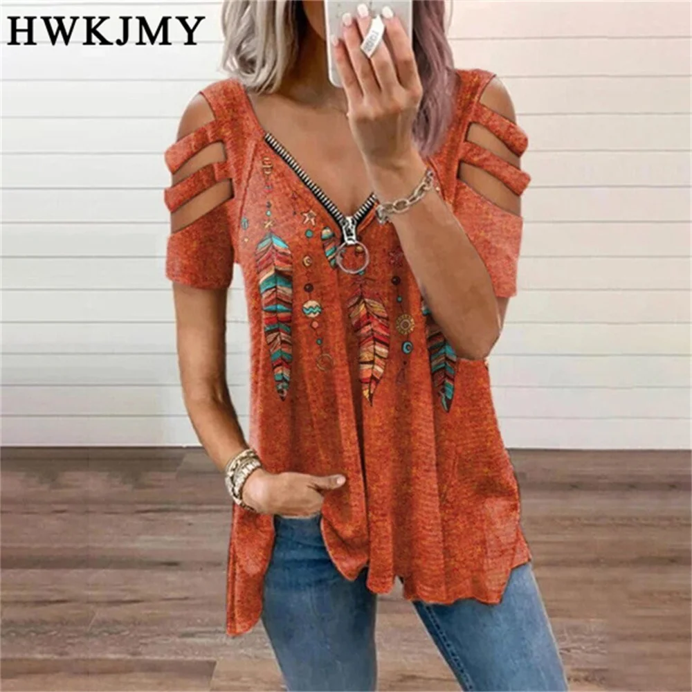 

Summer Women's Clothing Casual V-neck Off Shoulder Short Sleeved Tops Zipper Tee Ladies Printing Shirts Loose Cotton T-shirt