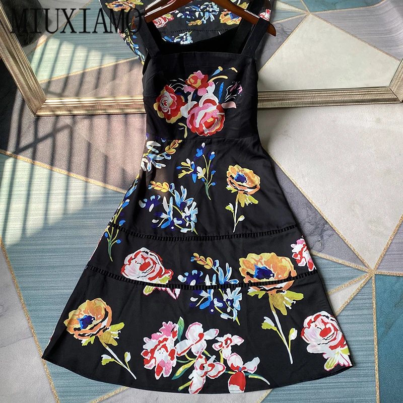 MIUXIMAO Fashion Runway Elegante Sommer Kleid frauen Spaghetti Schwarz Tank Kleid Vintage Floral Druck Kurzen Kleid Vestidos