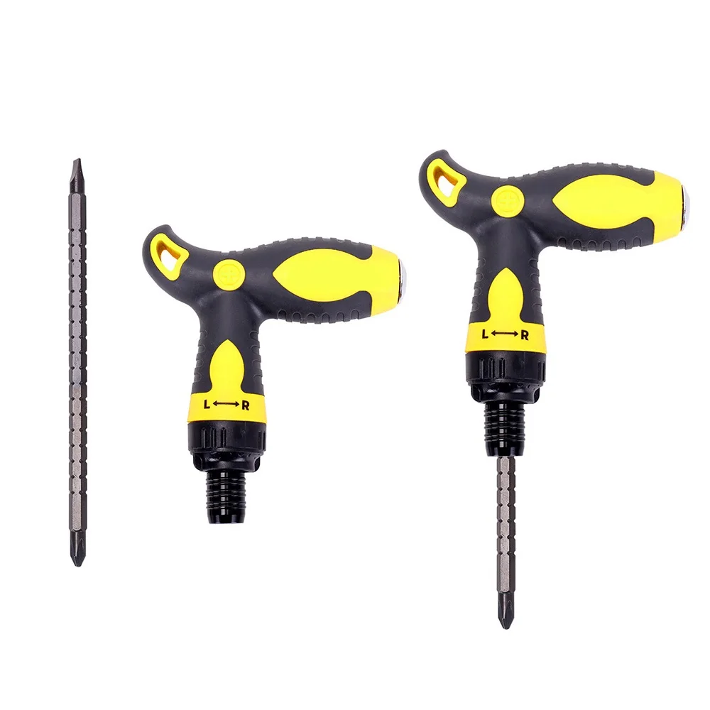 Screwdriver CR-V Steel T-type Handle Magnetic Ratcheting Screwdriver Double Head Quick Effortless Hand Repair Tool Screw Driver