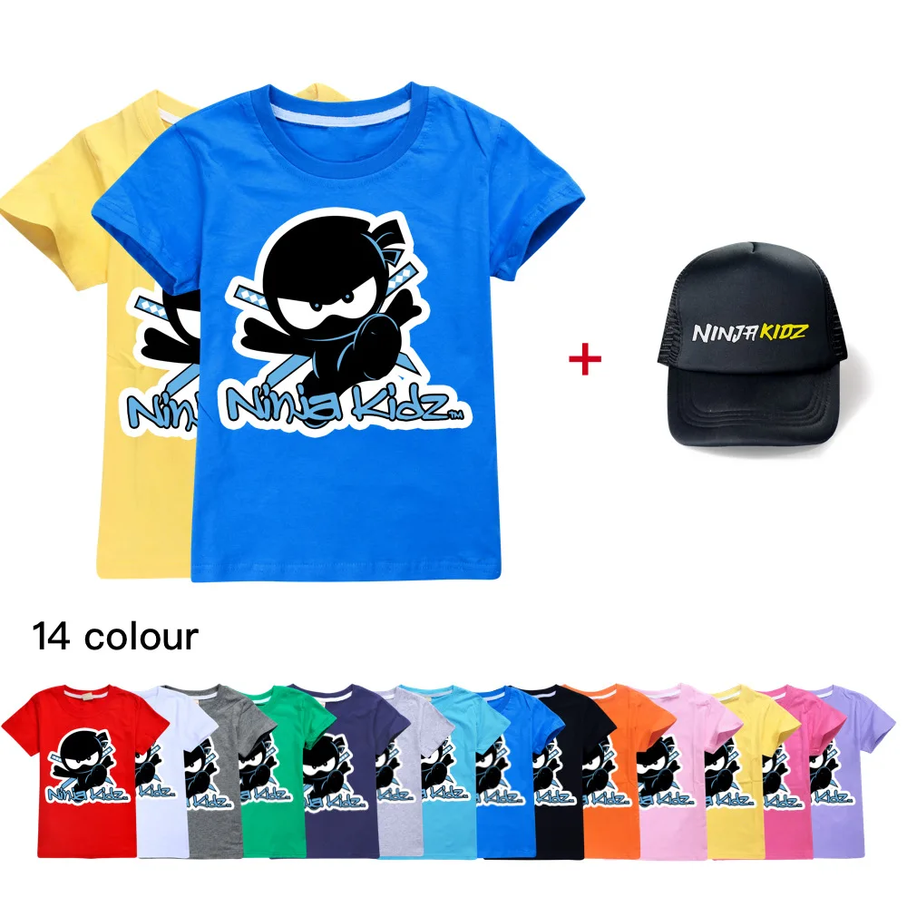 

New Summer Baby Toddler NINJA KIDZ 100% Cotton T shirt Tops Tee Boys Girls Children Short-sleeve+sun hat For kids Clothing 2-16Y