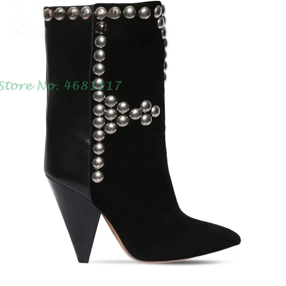 Rivets Spike Heel White Long Boots Women Pointed Toe Slip On Booties Suede Leather Splicing High Heels Chic European Style Shoes