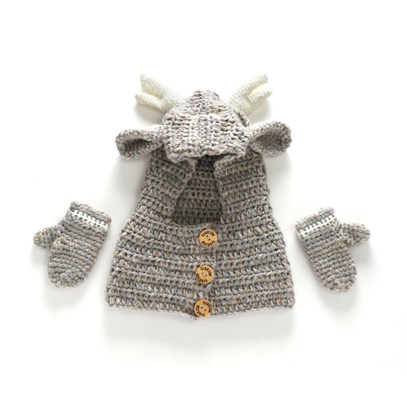 Girls Knitted Reindeer Poncho Shawl Cape Cardigan With Gloves Kids Autumn Winter Warm Clothes Button Sweater Cloak Thick Coat