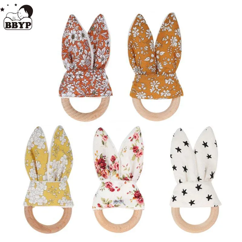 

1Pcs Baby Boy Bunny Ear Teether Safe Organic Wood Teething Ring 7 Color Choice Shower Gifts