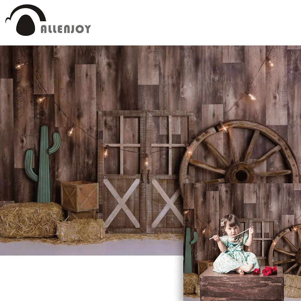 

Allenjoy Autumn Background Cactus Birthday Party Shiny Bulbs Wooden Wall Boxes Wheel Straw Piles Baby Shower Backdrop Photobooth