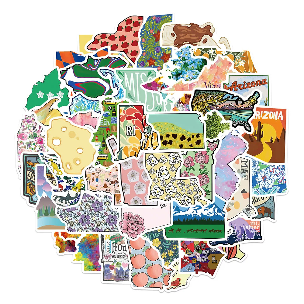 10/30/55pcs Colorful State Map Stickers Aesthetic DIY Scrapbooking Laptop Suitcase Phone Cartoon Cute Decal Sticker for Kid Toy