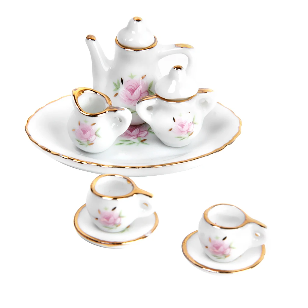 MagiDeal 8pcs Tea pot Tea cups Small saucers Sugar bowl Dollhouse Miniature Tableware Porcelain Tea Set Dish Cup Plate Toys Gift