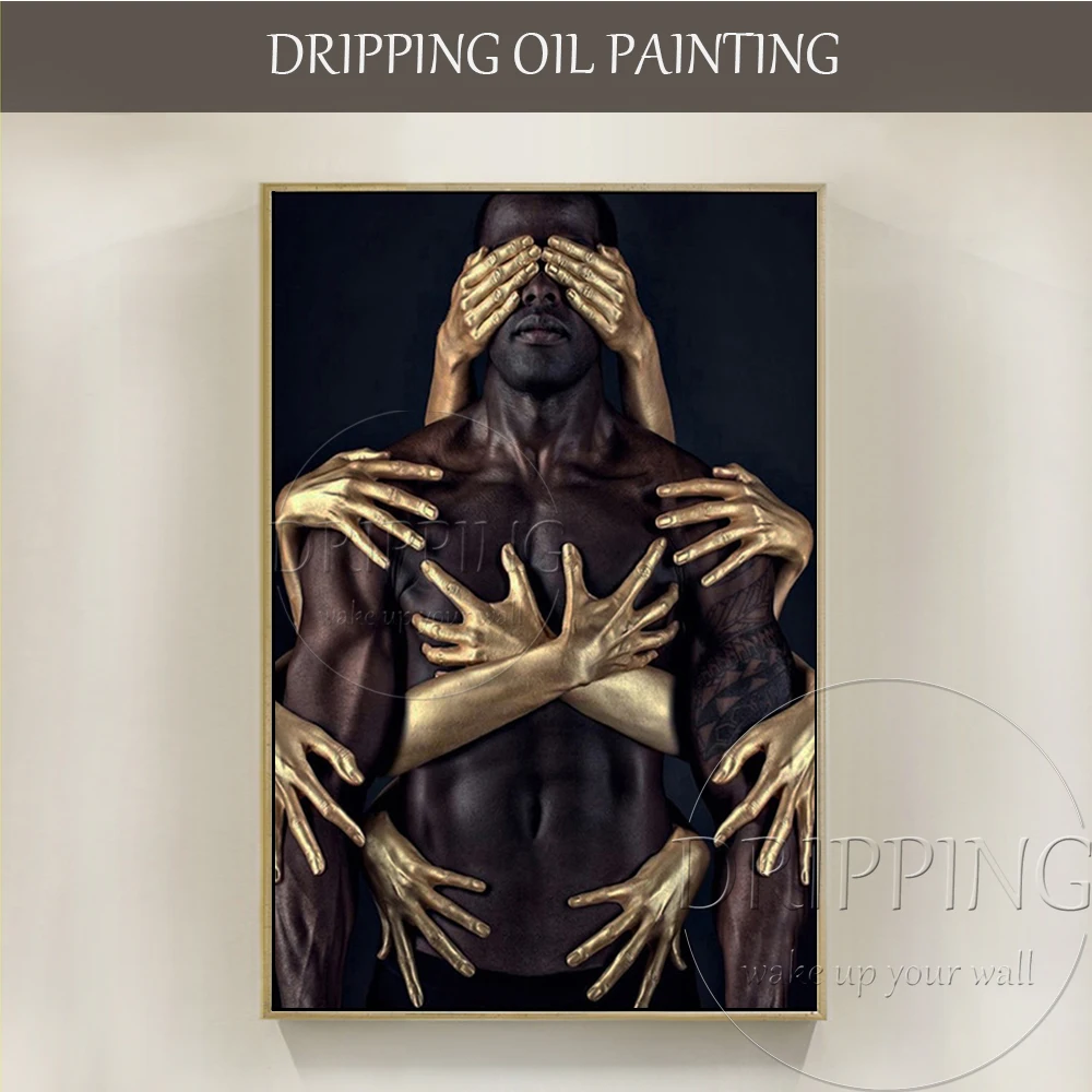 Top Artist Hand-painted High Quality Nude African Muscle Man Oil Painting on Canvas Golden Hands Naked Black Man Oil Painting