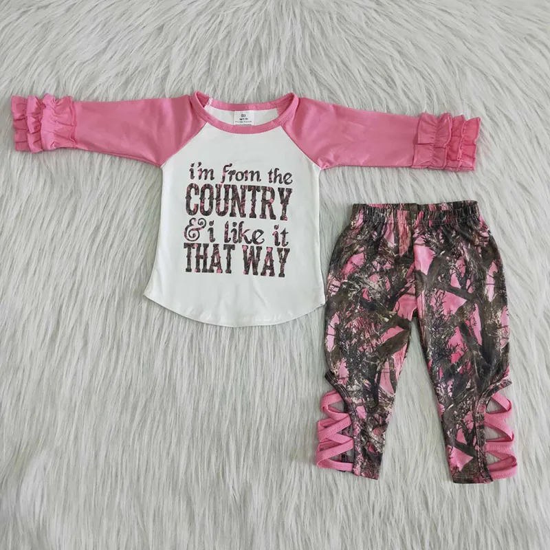 

Wholesale Kids Pink Clothing Sets Baby Girls Long Sleeves Ruffle Shirt Camo Pants Outfit Children Boutique clothes