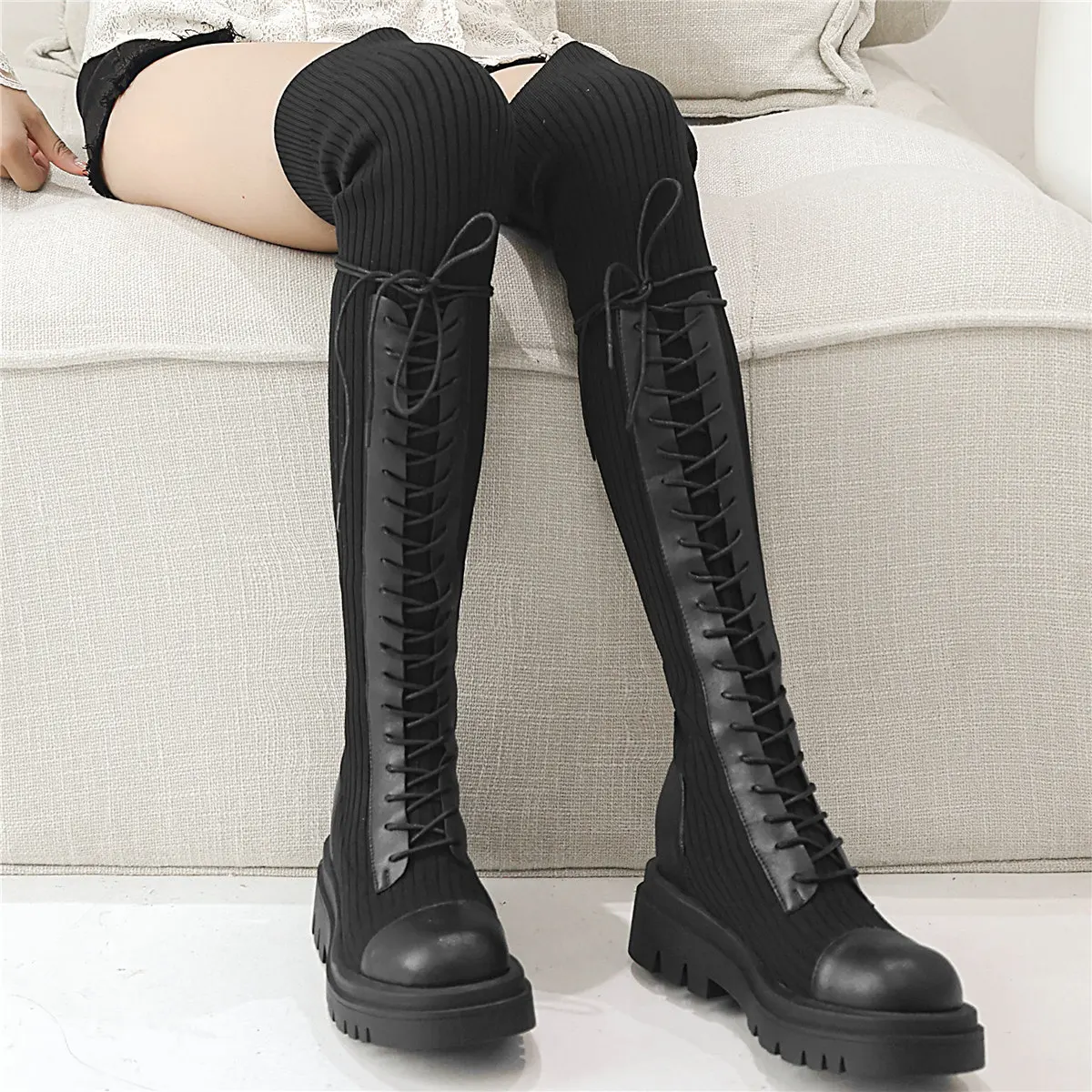 Platform Pumps Women Lace Up Genuine Leather Over The Knee High Motorcycle Boots Female Knitting Thigh High Fashion Sneakers