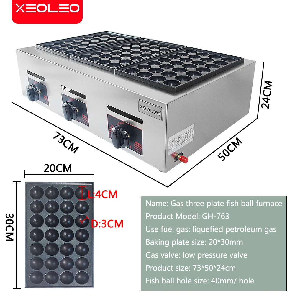 XEOLEO 3 Plates Fish Ball Machine Takoyaki Machine Octopus Ball Machine Fish Ball Furnace Commercial Non-stick 6000W