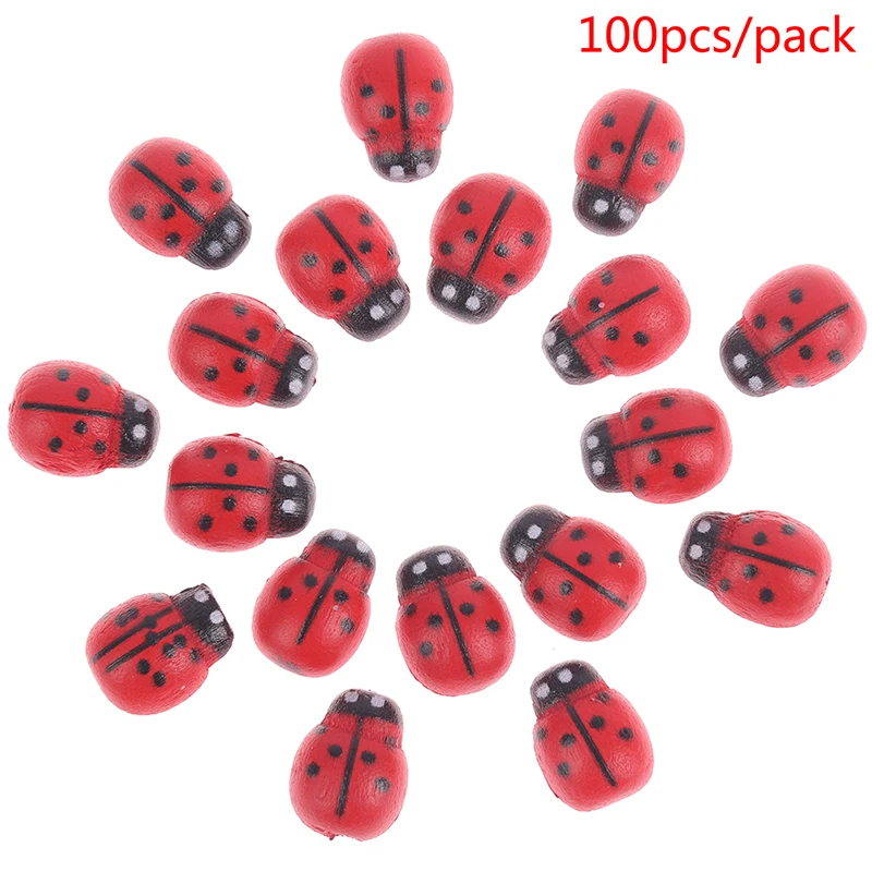 100Pcs Cute Wooden Red Mini Ladybirds Ladybug Self-adhesive Stickers For Home Garden Miniature Landscape Flower Decor Wood Craft