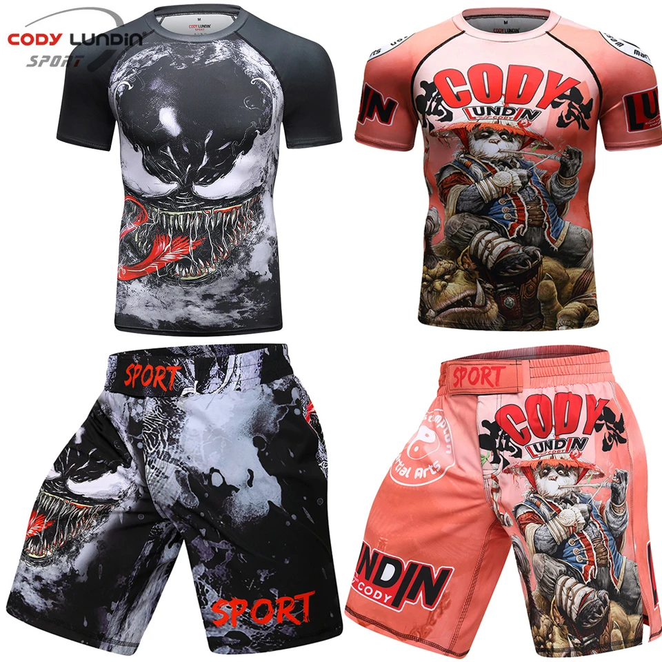 MMA t-shirty + spodenki Muay Thai zestawy Bjj Rashguard dla mężczyzn szorty Mma Kickboxing boks ubrania kompresja jiu jitsu gi T-shirt