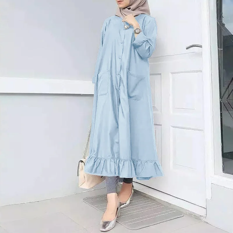 Women Muslim Dress Fashion Long Sleeve Ruffles Dresses Casual Solid Buttons Maxi Vestidos Hijab Dress Robe Eid Oversize Robes