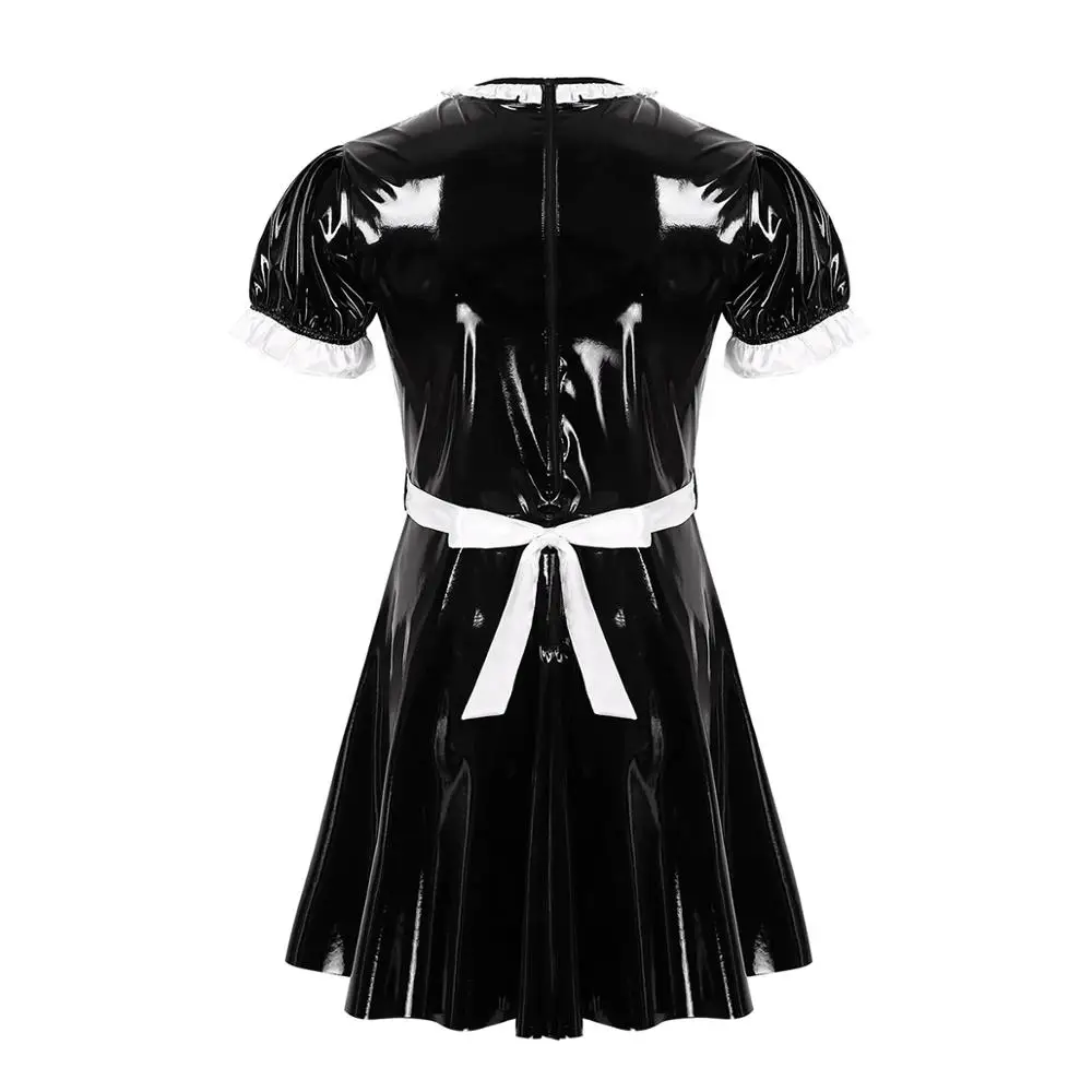 Mens Male Sissy Maid Dress Sexy Cosplay Costume Clubwear Puff Sleeve Wetlook Latex Maid Servant Uniform Flared Dress with Apron