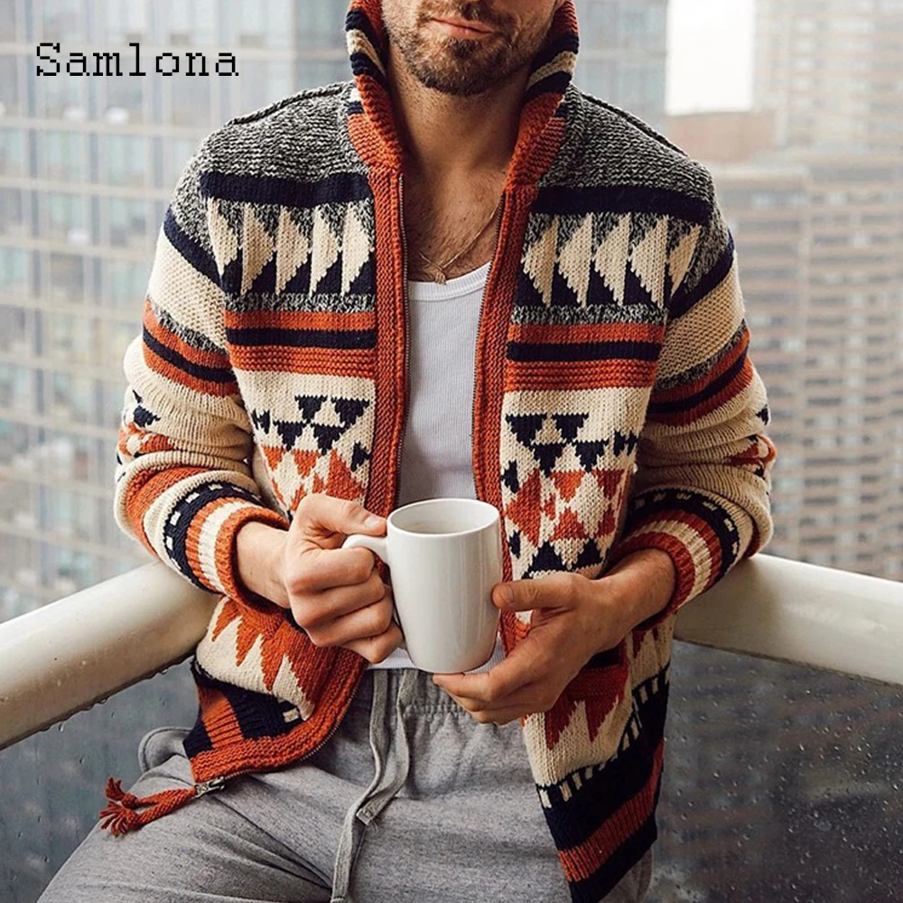 Plus Size 4xl Men Knitting Sweater Autumn Winter Warm Coats Mens Streetwear 2021 Hooded Top Cardigans Male Retro Print Sweaters