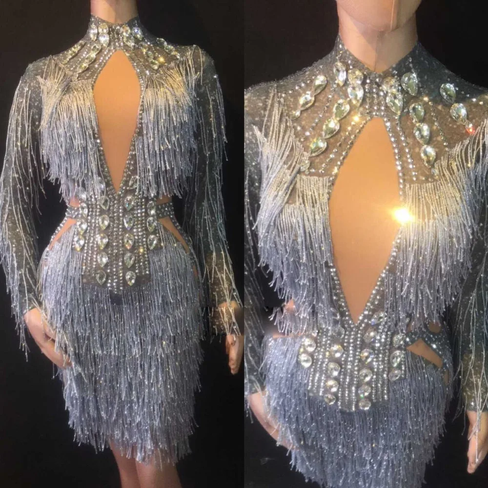 

Sexy Rhinestones Fashion Crystals Mesh Dress See Through Stretch Stage Dance Wear Evening Celebrate Fringes Dr