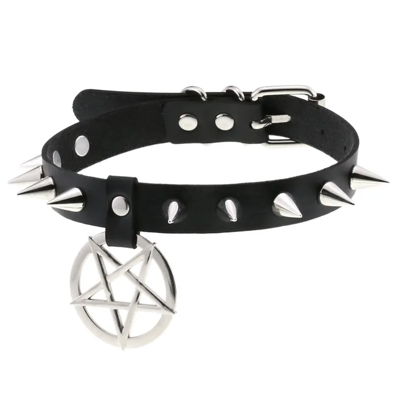 Women Pentagram Black Star Leather Choker Punk PU Leather Supernatur Spike Rivet Collar Studded Necklace Girls Gothic Jewelry