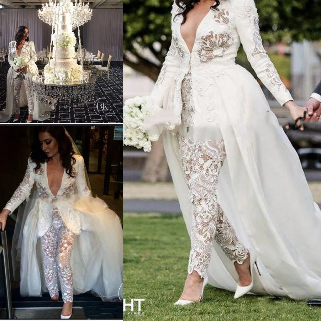 Crochet Lace Applique Wedding Jumpsuit Dresses with Train 2024 Long Sleeve Sexy V-neck Country Garden Bridal Pant Suit