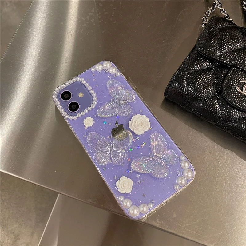 Qianliyao Cute 3D Bow Pearl Rose Phone Case For iPhone 15 14 13 12 11 Pro XS Max XR X 8 7 Plus Se Sequins Soft Shockproof Cover