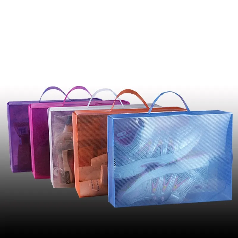 100pcs/lot Transparent Shoes Box Organizer Dustproof Storage Box Plastic Shoe box with handle wholesale 30cmx18cmx10cm