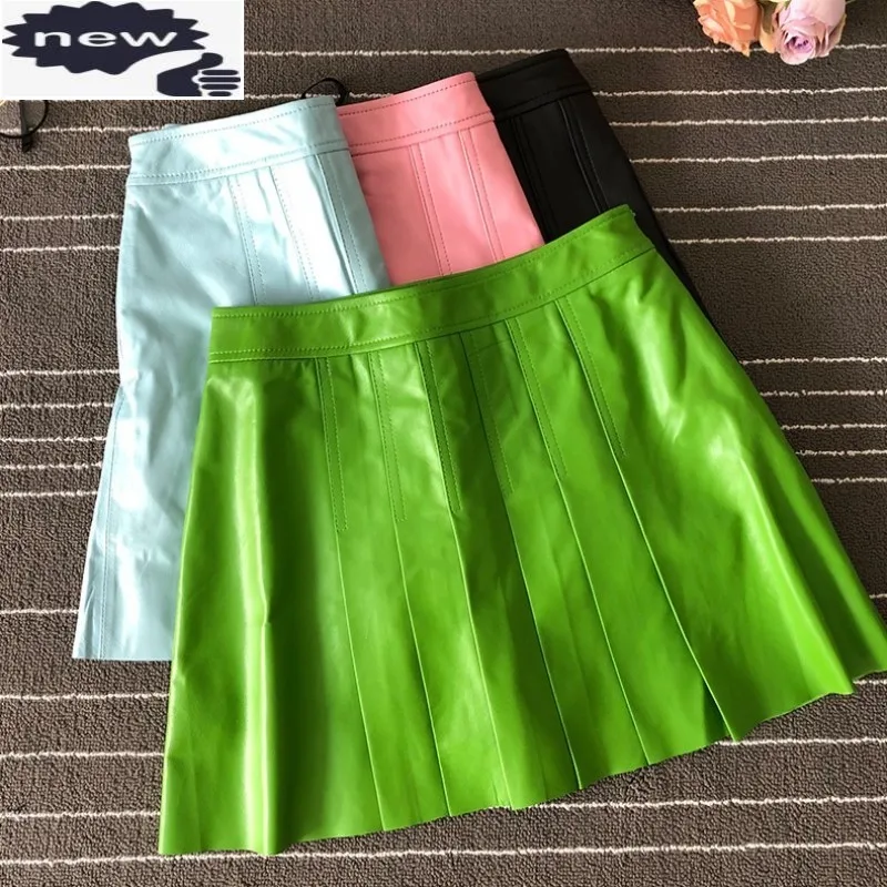 

2021 New Women Colors Sexy Mini Pleated Skirt A Line Casual Ladies Slim Fit High Quality Sheepskin Genuine Leather Short Skirts