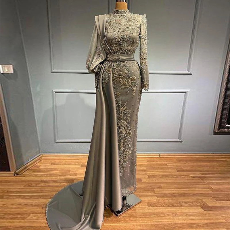 Grey Muslim Evening Dresses with Long Sleeves 2022 High Neck Robe De Marrige Bead Arabic Dubai Formal Prom Gowns